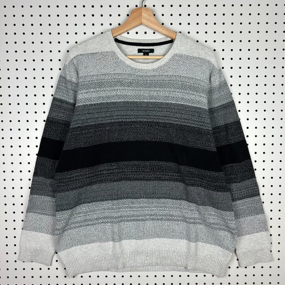 Vintage Chunky Waffle Striped Knit Sweater XL Gray Black Weave Grandpa Alfani - Picture 1 of 6